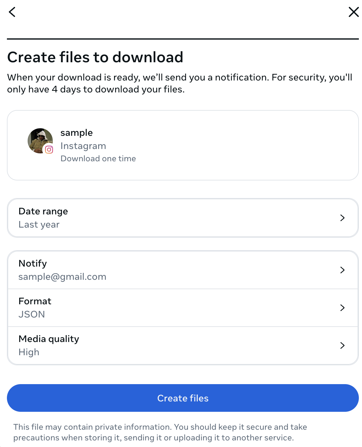 Instagram data download screen